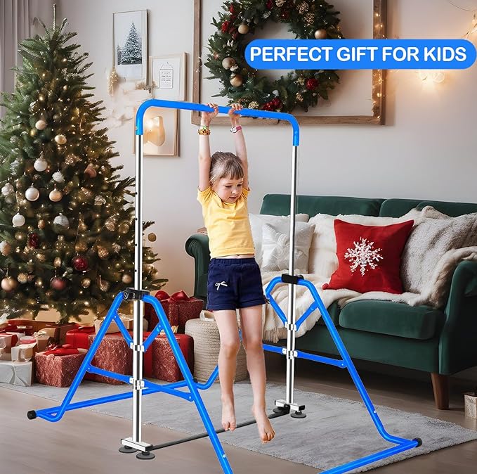 Gymnastics Horizontal Bar, Junior Training Kip Bar Gymnastics Equipment for Home, Adjustable Telescopic Height Folding Horizontal Bar with Gymnastic Rings for 3-12 Years Old Kids