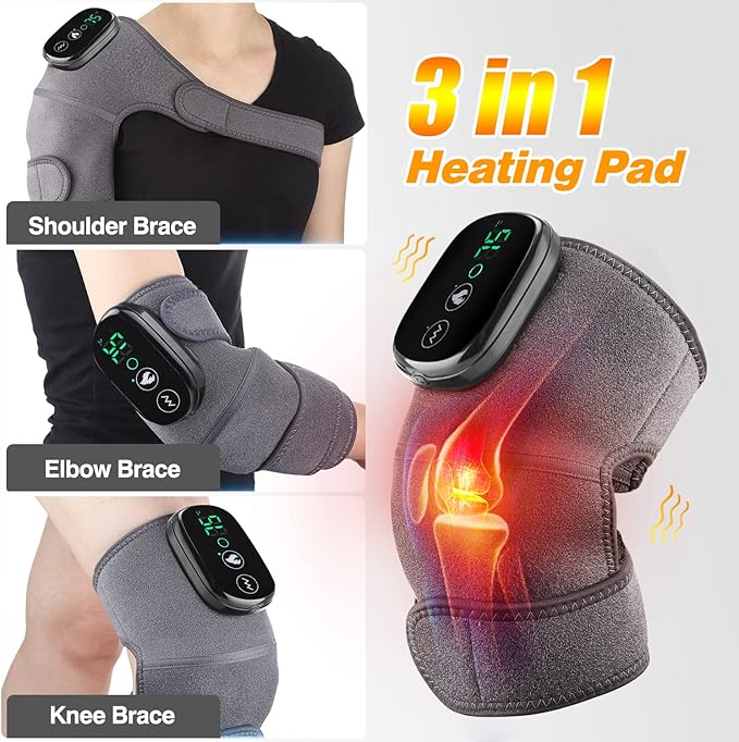 MOAJAZA Heated Knee Massager Shoulder Heating Pads Elbow Brace 3 in 1 with Vibration, Cordless Rechargeable Heating Knee Warmers Wrap for Shoulder Elbow Knee Stress Relief