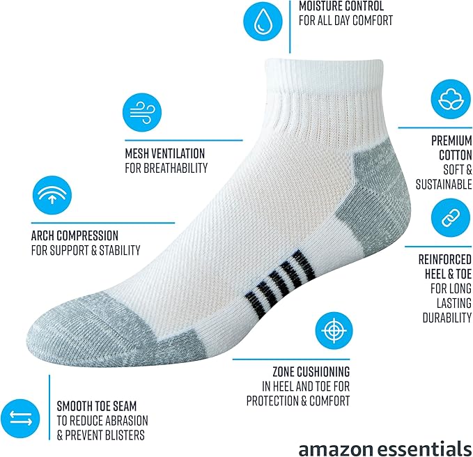 Amazon Essentials Men's Athletic Ankle Socks, Cushioned with Arch Support, Moisture Wicking