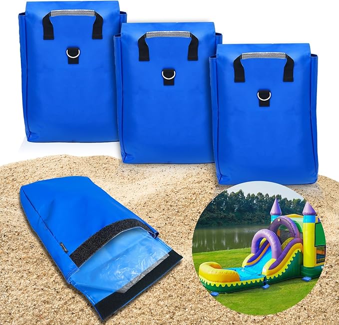 Vinyl SandBags with Handle, Bounce House Sand Bags, Suitable for Fixed Inflatable Trampolines, Inflatable Water Slide, Canopies and Tents(Each Weight Capacity 55 Pound, 4 Pack, Blue)