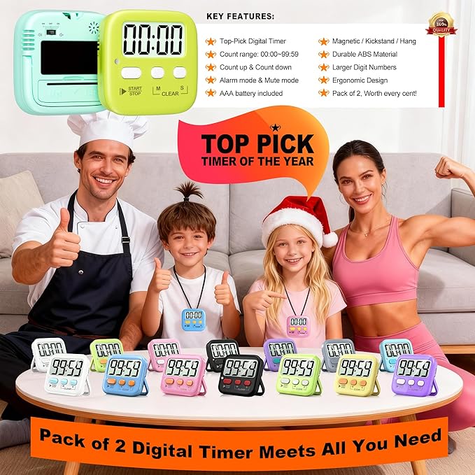 Antonki 2 Pack Digital Timer for Kids, Magnetic Countdown Kitchen Timers for Cooking, Egg, Classroom, Teacher, Exercise, Study, Oven - Battery Included