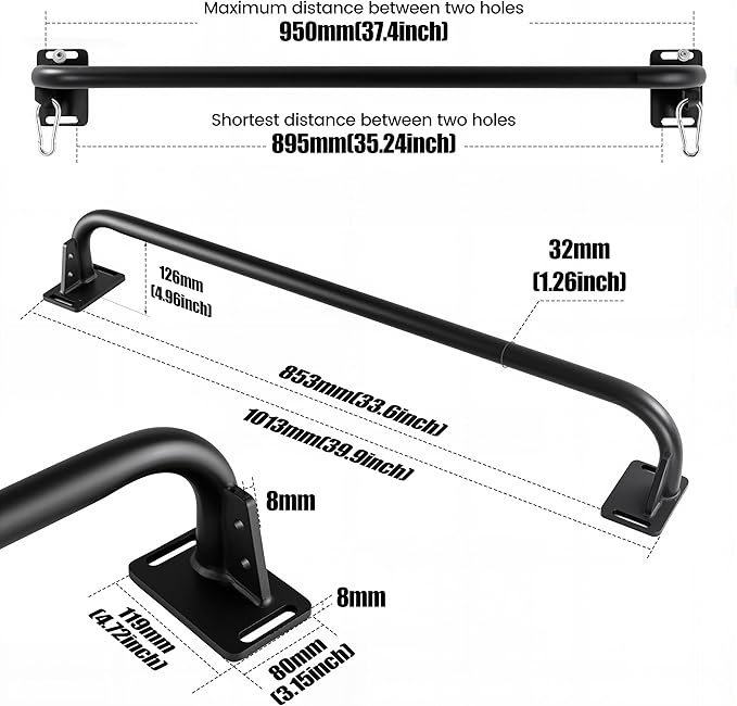 Heavy Duty Wall Mounted Pull Up Bar with 8mm Thick Steel Plates & Heavy-Duty Carabiner, Strength Training Bar for Home Gym, Garage and Indoor Workout