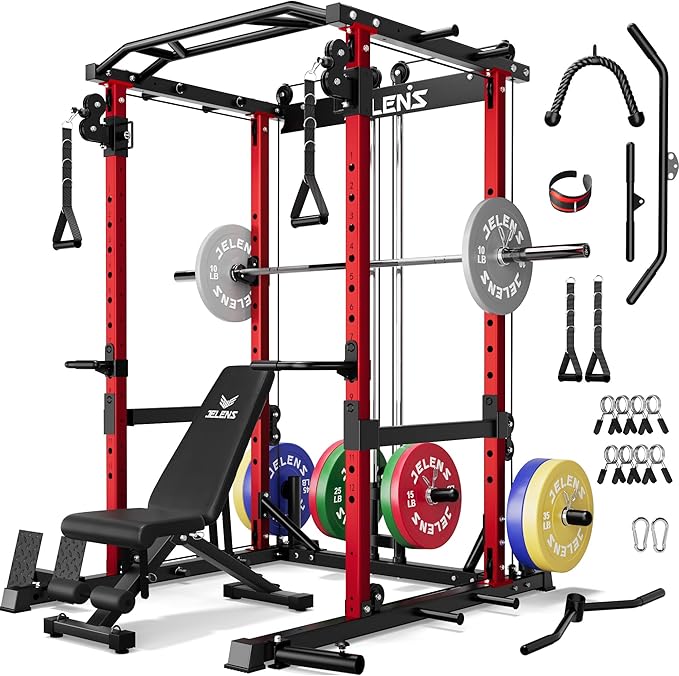 JELENS C12 Squat Rack for Home Gym, 2000LBS Power Rack with Adjustable Pulley System, Power Cage Workout Equipment with LAT Pulldown and Training Attachment
