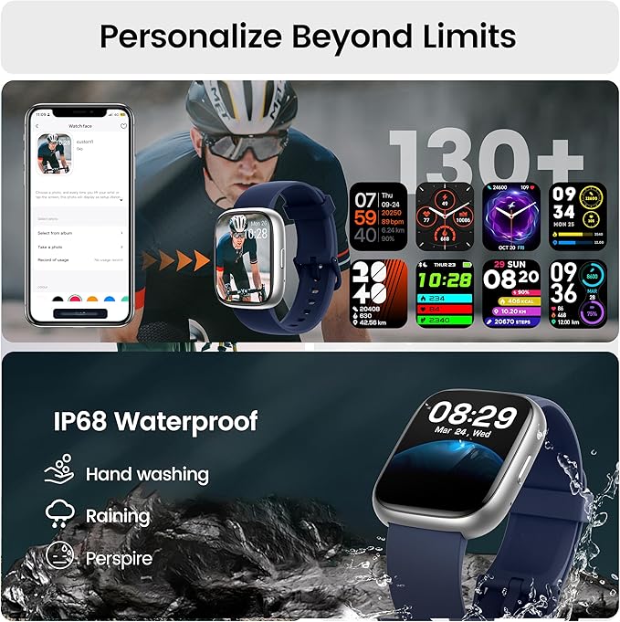 Smart Watch with Alexa Built-in, 1.83" HD Touchscreen Fitness Tracker with Bluetooth Calling, Fitness Watch with Heart Rate/Sleep Monitor/120+ Sports, IP68 Waterproof Smartwatch for Android iOS, Blue
