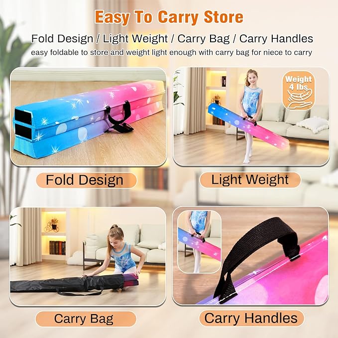 MARFULA 6 FT / 8 FT / 9 FT Folding Gymnastics Beam Foam Balance Floor Beam - Extra Firm - Suede Cover - Anti Slip Bottom with Carry Bag for Kids/Adults Home Use