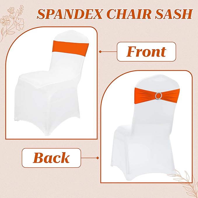 MDS Pack of 150 Spandex Chair Sashes Bows Universal fits Elastic Stretch Chair Bands Ties with Buckle Slider Bow for Wedding Decoration Spandex Slider Sashes Bow - Orange