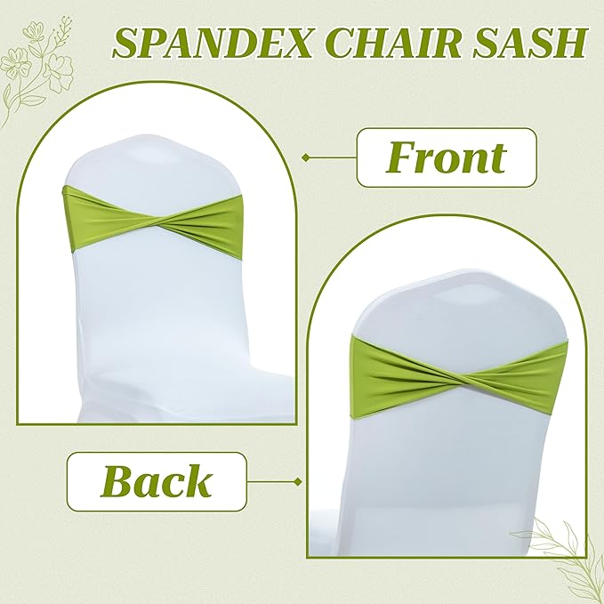 MDS Pack of 100 Spandex Chair Sashes Bows Elastic Stretch Dining Chair Bands Ties Without Slider Buckle Universal fits for Wedding Baby Shower Birthday Party Banquet Event Decoration - Apple Green