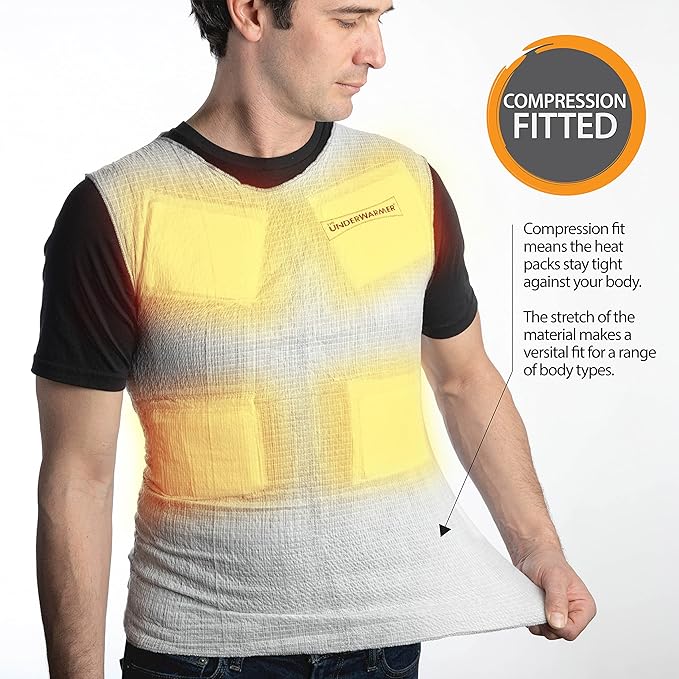 Single-Use Heated Vest Shirt | Compression Baselayer | 8 Built in Heat Packs | Body Warmer | White