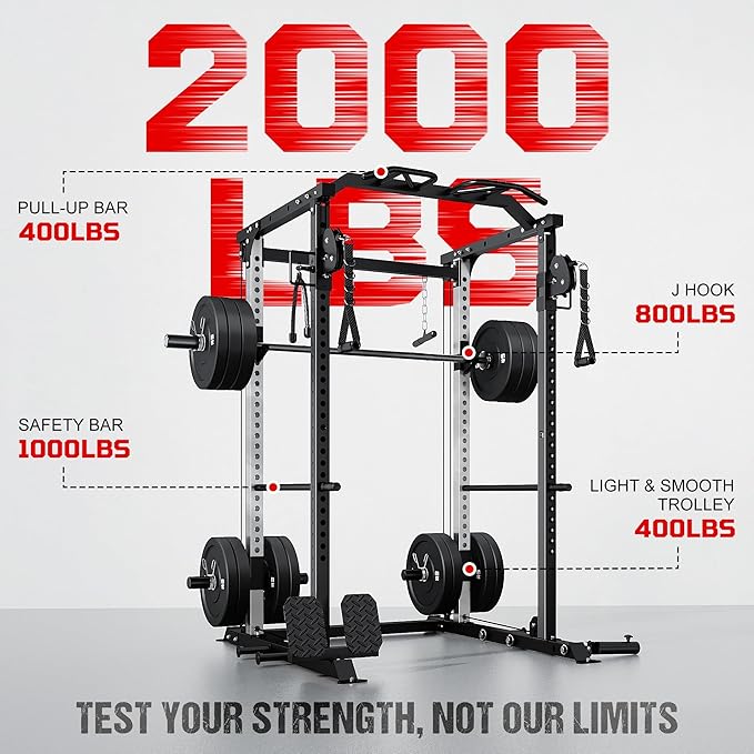 DP01 Power Cage, 2000LBS Squat Rack with with Cable Crossover and Dual Independent Pulley System, Full Cage for Full Body Training, Power Rack with More Training Attachments for Home Gym