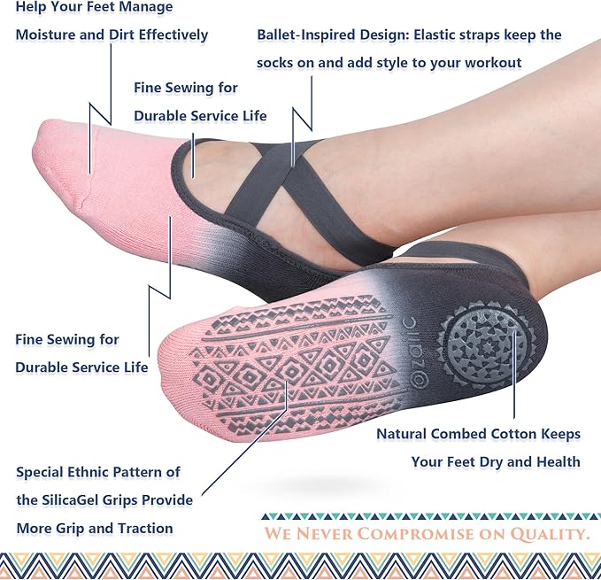 Ozaiic Pilates Socks for Women Non Slip Grip, Yoga Socks with Grippers for Barre, Hospital, Ballet, Dance, Barefoot Workout