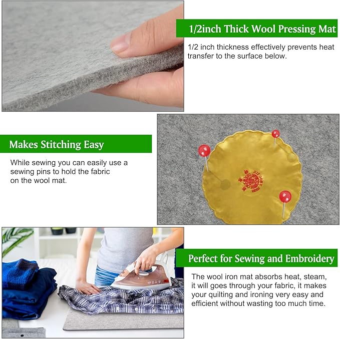 Rdutuok 54x15 Inches Wool Pressing Mat for Quilting Ironing Pad 100% Wool from New Zealand Easy Press Wooly Felted Iron Board for Retains Heat, Great for Quilting & Sewing Projects