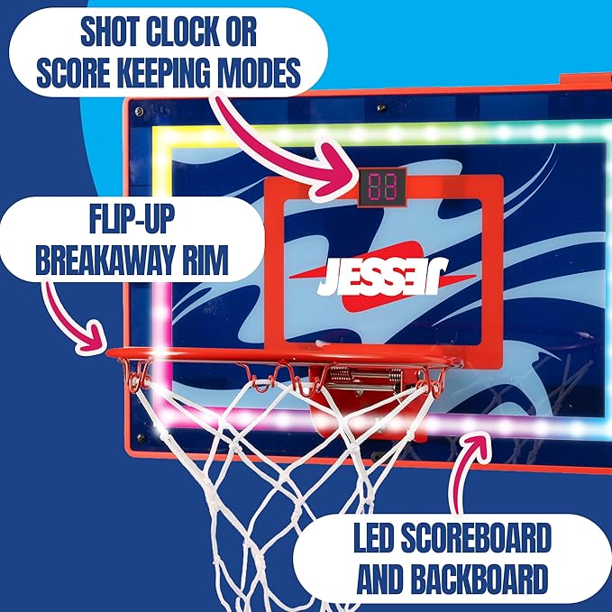 Jesser Basketball Hoop with Balls | Fun Indoor Game for All Ages 6+, Gift for Kids, Children, Teens & Families, Bedroom & Playroom | Toy for Boys & Girls (Ceiling Hoop or Over The Door)