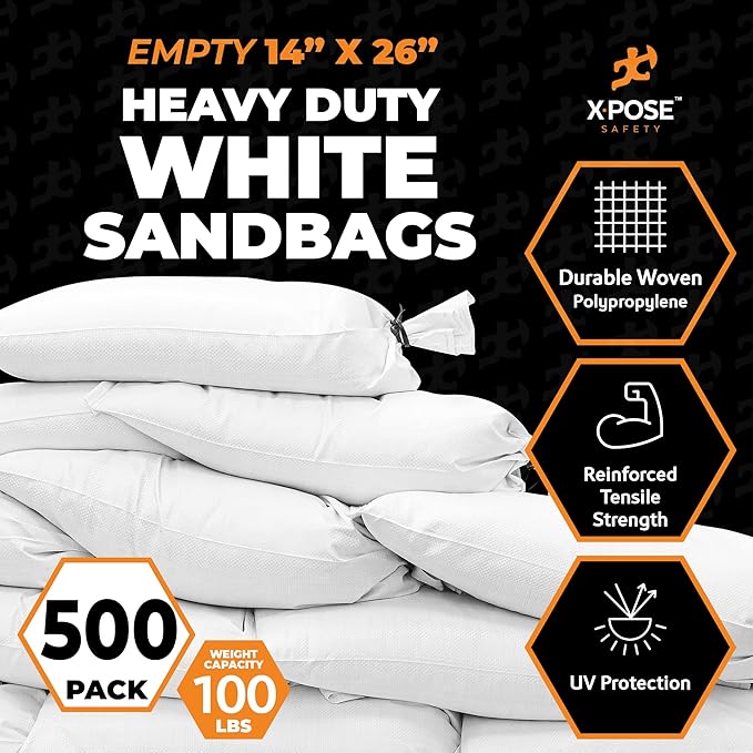 Xpose Safety Heavy Duty Sand Bags with Tie Strings – Empty Woven Polypropylene Sandbags for Hurricane Flood Protection, 100 lb Capacity, 14" x 26", White, Pack of 500