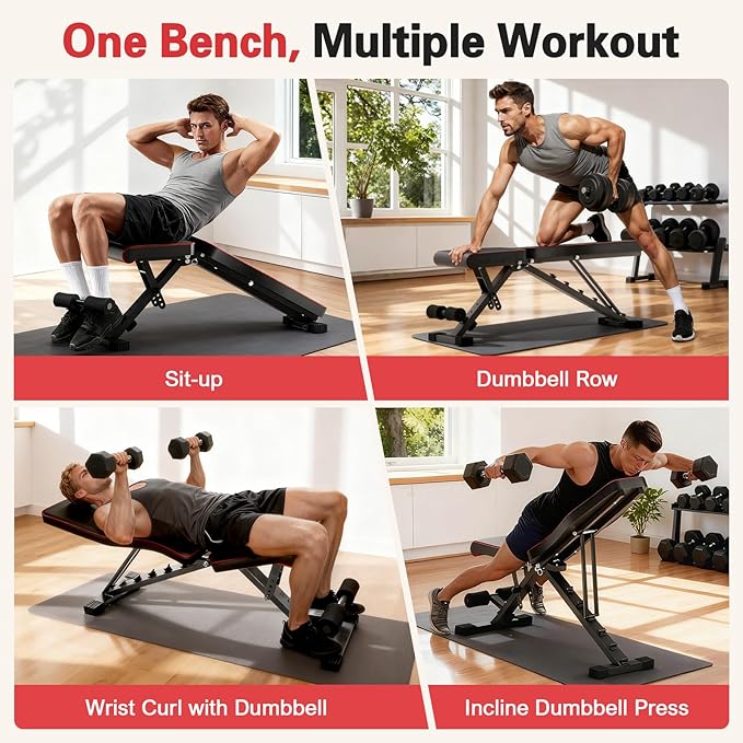 ALSO GO Adjustable Weight Bench, Workout Benches with Leg Extension & Extended Headrest, Foldable Incline Decline Bench Press, Roman Chair, Full Body Strength Training Equipment for Home Gym