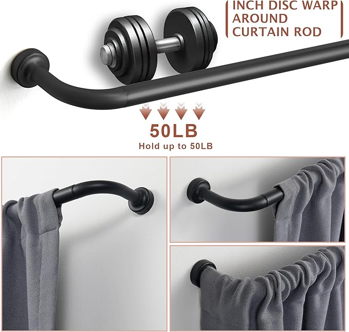 Black Curtain Rods 2 Pack,1 Inch Disc Curtain Rods for Windows 28 to 48",Blackout Wrap Around Curtain Rod with Aluminum Finials and Brackets,No Screw Disassembly Adjustable Curved Curtain Rod