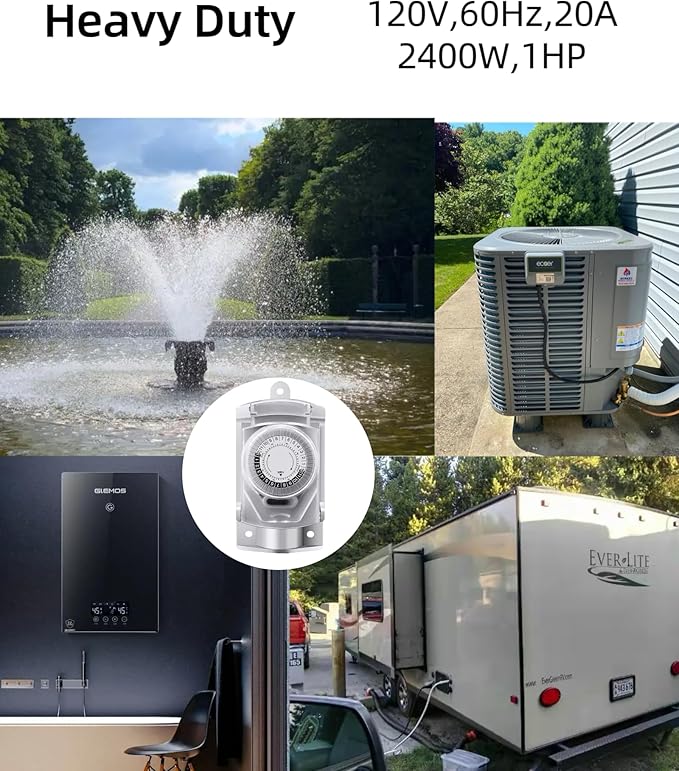 24 Hour Heavy Duty Mechanical Timer Switch with 30 Minutes Intervals, 20 AMP,120V Power Control, for Waterproof Junction Box, RV Outlet, Pool Pump, Power Distribution Box,Outdoor Light