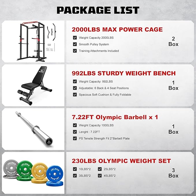 JELENS S11 Power Cage, 2000LB Multi-Function Power Rack with LAT Pulldown, Squat Rack with Adjustable Pulley System and Training Attachments, Weight Rack for Home Gym