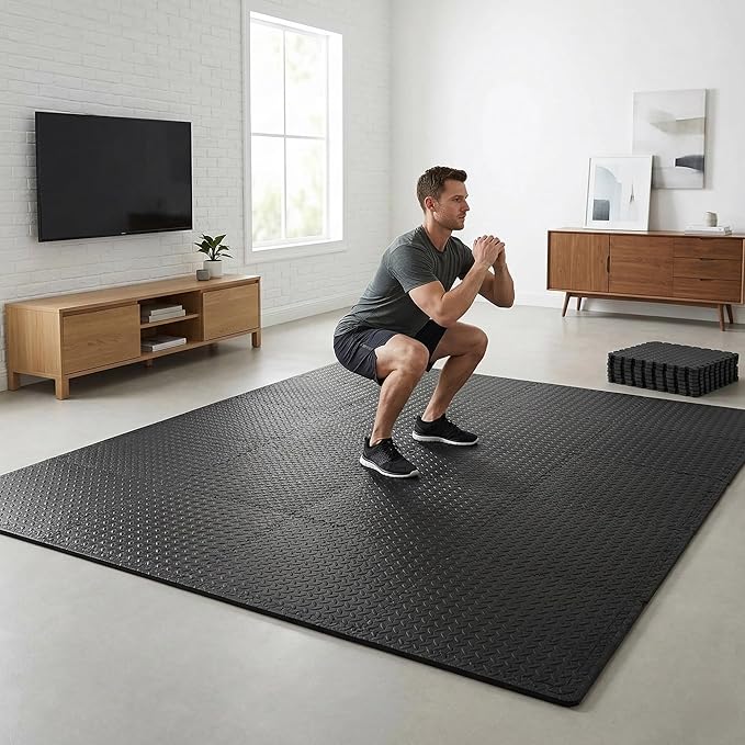 BalanceFrom Puzzle Exercise Mat 3/4' Thick, EVA Interlocking Foam Floor Tiles for Home Gym, Mat for Home Workout Equipment, Floor Padding for Kids, Black, 24 in x 24 in x 3/4 in, 96 Sq Ft - 24 Tiles