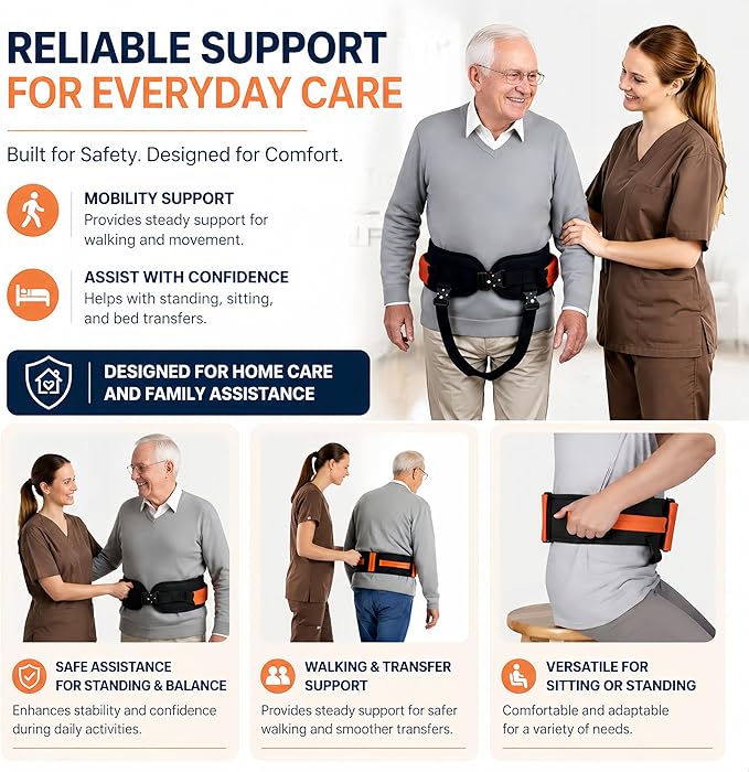 Gait Belt, Upgraded with Metal Buckle & Detachable Leg Straps, 7 Reinforced Handles, Transfer & Lift Belt for Seniors & Elderly, Walking Support and Mobility Assistance (Orange, Medium)