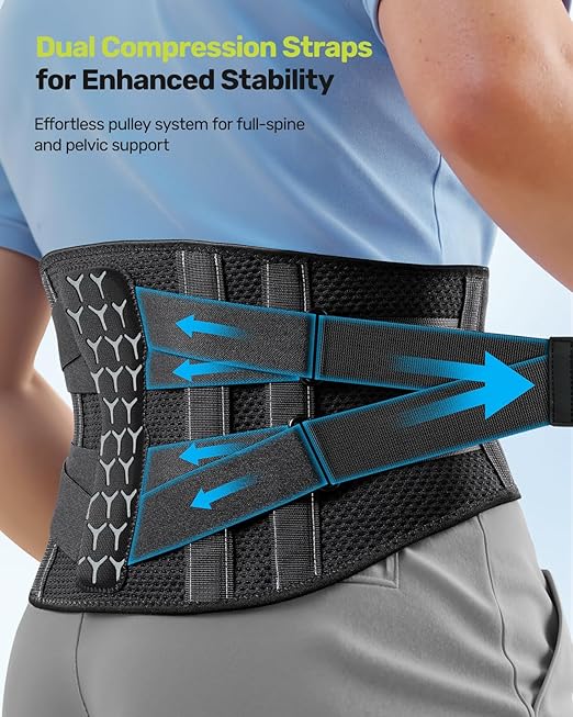 RAKIIE Back Brace for Lower Back Pain Relief for Women Men, Back Support Belt with 7 Stays for Lifting at Work, Breathable Soft Lumbar Support with 3D Support Removable Pad for Herniated Disc, Gray Size XXL (Waist: 51.2"-62.9")