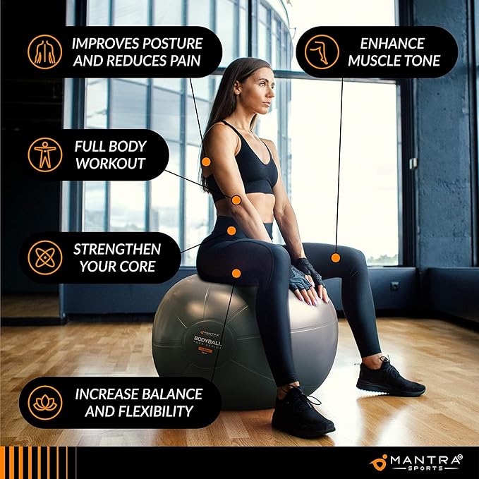 MANTRA SPORTS Exercise Ball – Yoga Ball for Pilates & Fitness - Birthing for Pregnancy, Stability, Core, Balance, Therapy for Physical Rehab, Workout for Home Gym & Office Chair, Fast Pump Included