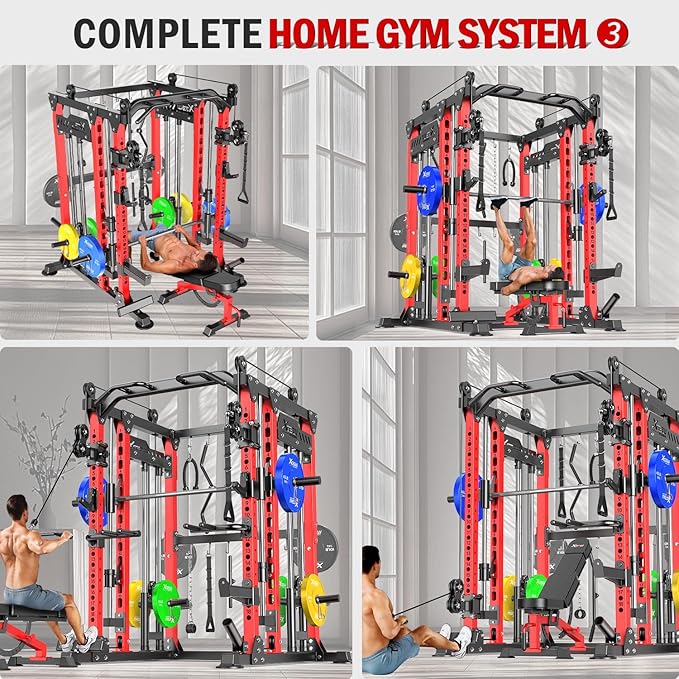 Smith Machine with Cable Crossover System, Multi-Function Power Cage Squat Rack for Home Gym, Power Rack and Packages Weight Sets.