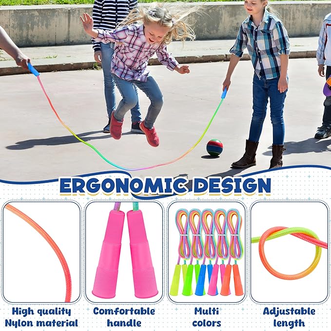 6 Pack Kids Jump Rope, Colorful Gradient Nylon Skipping Ropes for Children, 7.55FT Adjustable Length, Plastic Handles, Lightweight Jumping Ropes for Schools, Events, and Family Fun