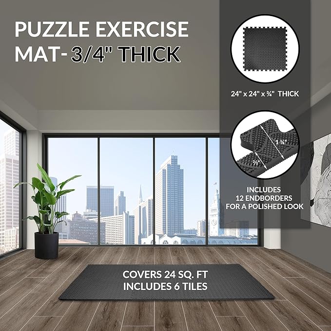 Fitvids Puzzle Exercise Gym Flooring Mat, 3/4" Thick High-Density EVA Interlocking Tiles Workout Mat for Home Gym, Fitness Equipment, MMA, Gymnastics, 6-Piece Shock-Absorbing Exercise Mat (24 Sq Ft)