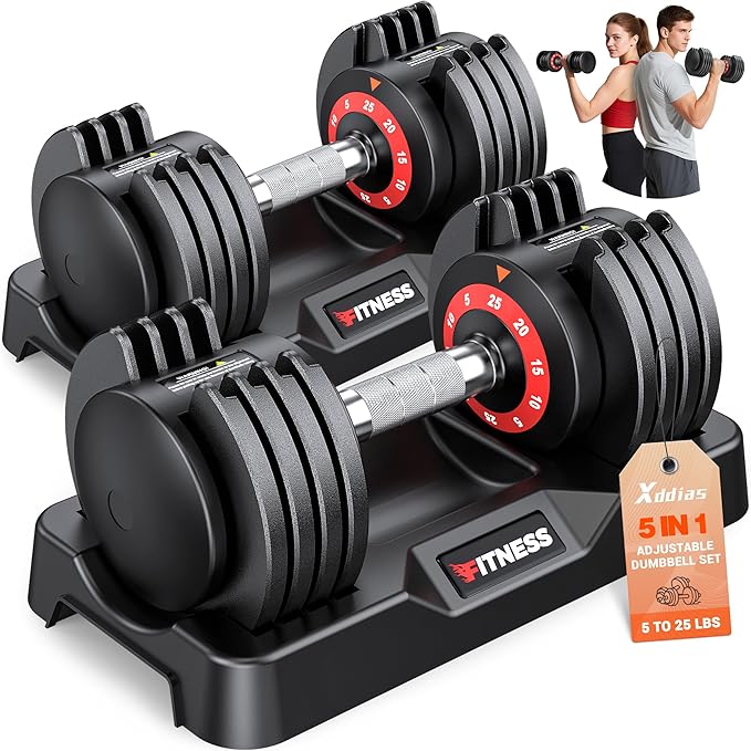 XDDIAS Adjustable Dumbbell Set of 2, 25/55/80LB Dumbbell Set-Fast Adjust Weights Set, 5/10/16 in 1 Free Weights Dumbbells Set with Anti-Slip Metal Handle, Compact Size for Men/Women Home Gym Equipment