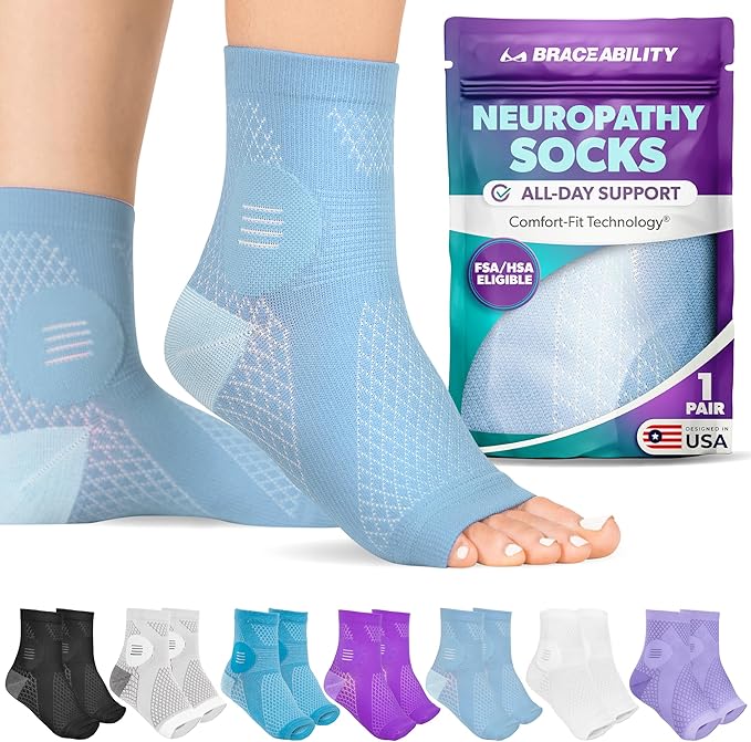 BraceAbility Neuropathy Socks (Pair) - Peripheral Neuritis Compression Diabetic Toeless Foot Sleeves for Nerve Damage Pain in Feet, Ankle Gout, Plantar Fasciitis Relief Brace for Men and Women (S - Light Blue)