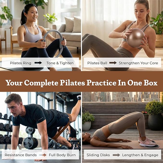Premium Pilates Kit – 15 inch Pilates Ring and Ball Set w/ 1lbs Ankle Weights, Fabric Resistance Bands, Sliders, Yoga Socks & Gym Bag – Pilates Workout, Home Gym Equipment Accessories