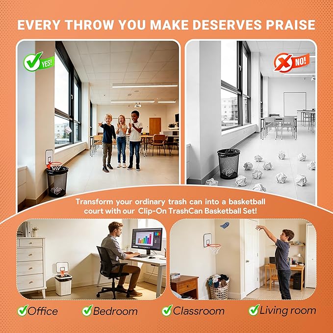 Mini Basketball Hoop Trash Can Set,Indoor Wall-Mounted Basketball Hoop Set with Quite Foam Ball,8.5" Clip-On Backboard for Office Bedroom Classroom-Basketball Gifts for All Ages