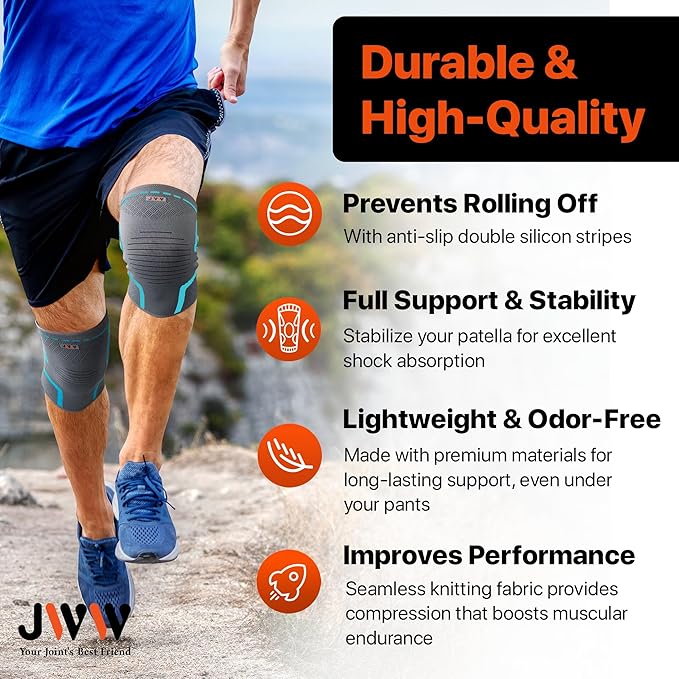 JWW Knee Compression Sleeve 2 Pack for Men and Women, Knee Brace for Knee Pain Relief, Comfortable Support for Running, Workout Sports and Daily Wear, Meniscus, ACL and Arthritis Recovery (Blue, L)