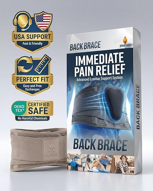 Sparthos Back Brace for Lower Back Pain - Immediate Relief from Sciatica, Herniated Disc - Breathable Design With Lumbar Support Pad - For Men & Women - Fits 38–44″ Waist (Taupe-Medium, Check Sizing)