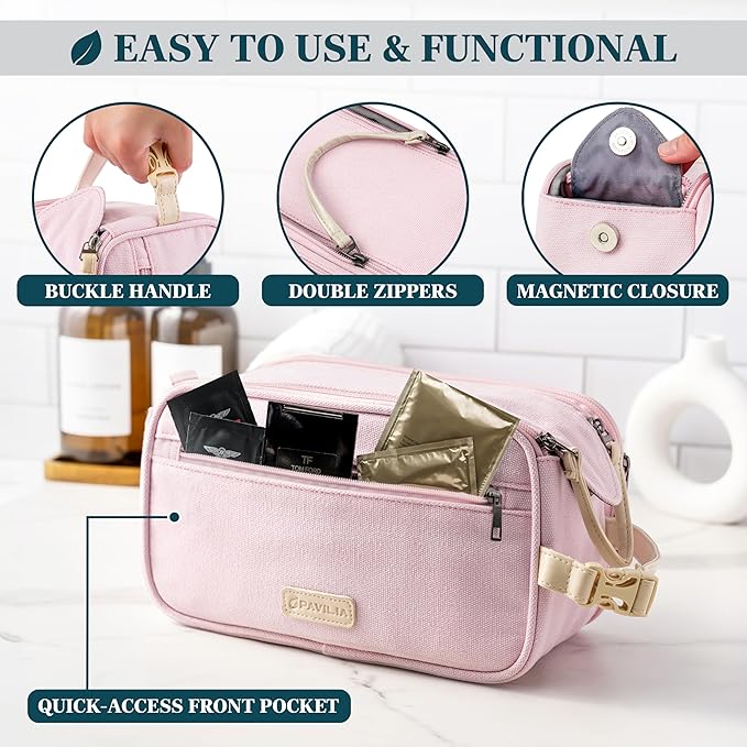 PAVILIA Toiletry Bag for Women, Canvas Dopp Kit, Travel Essentials Organizer, Water-Resistant Shaving, Grooming Kit, Large Hanging Bathroom Accessories Cosmetic Bag, Pink