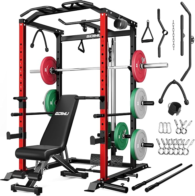 C1-V4 Power Cage, 2000LBS Squat Rack with LAT Pulldown, Multi-Function Weight Cage Strength Training Machine, Workout Cage with More Attachments for Home Gym Garage