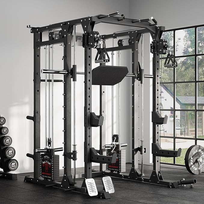 RitFit Buffalo Smith Machine Package, All-in-One Power Cage with Weight Stack , Power Rack with Cable Crossover & Leg Press Attachment for Home Gym