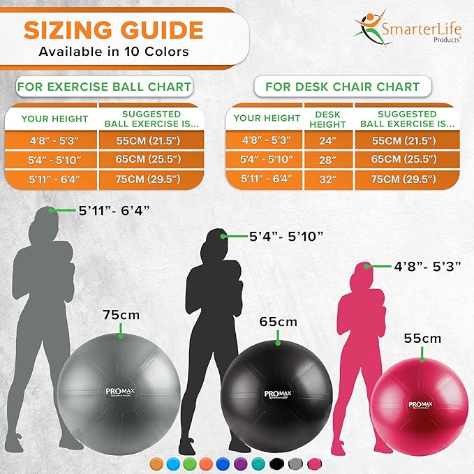 SmarterLife PRO MAX Exercise Ball – Yoga, Stability & Balance Trainer for Core Workouts, Fitness, Physical Therapy, Pregnancy & Office Chair Support – Anti-Slip, Anti-Burst