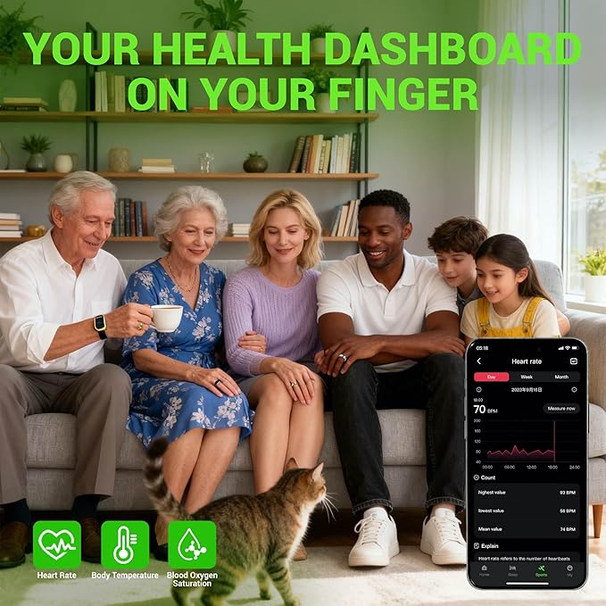 Smart Ring - Free Heart Rate SpO2 Sleep Tracker | No Subscription | IP68 Waterproof Fitness Tracker | 24/7 Activity Monitor | Step Counter & Stress Tracking | Sleep & Workout (Black, 13)