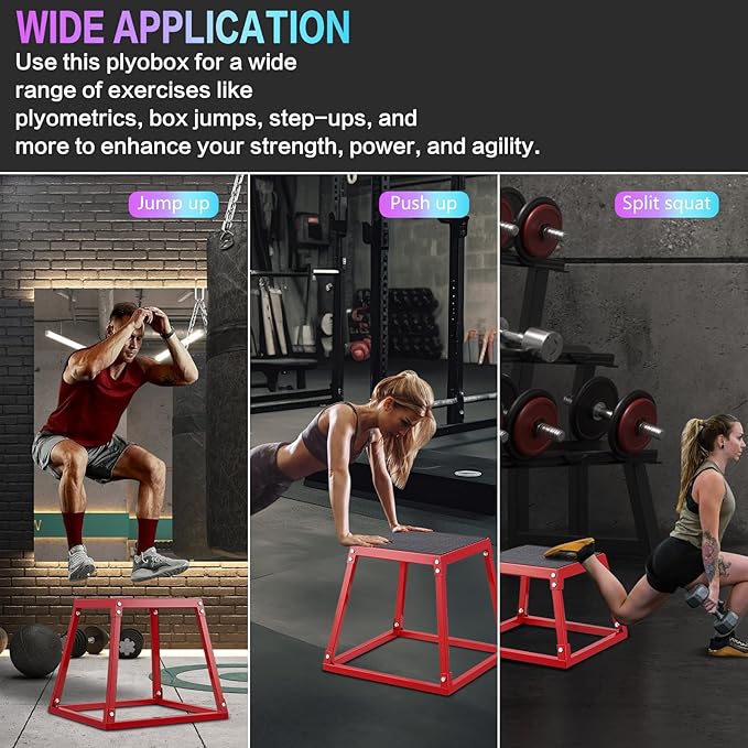 Pro-Grade Plyometric Jump Box Gym Fitness Exercise Set, Steel Anti-Slip Step Up Box, 3-Pack(12/18/24 Inch) Plyo Box Jumps for Home Gym Jumping, Squat, Strength Training