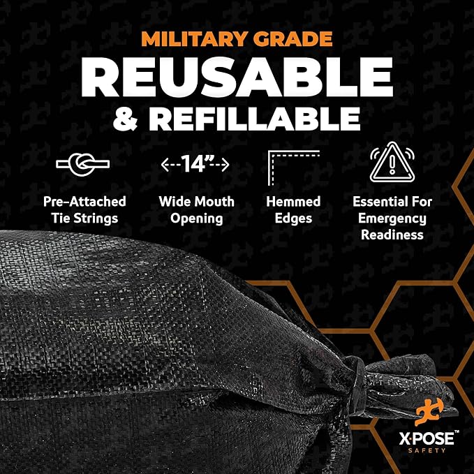 Xpose Safety Heavy Duty Sand Bags with Tie Strings – Empty Woven Polypropylene Sandbags for Hurricane Flood Protection, 100 lb Capacity, 14" x 26", Black, Pack of 10