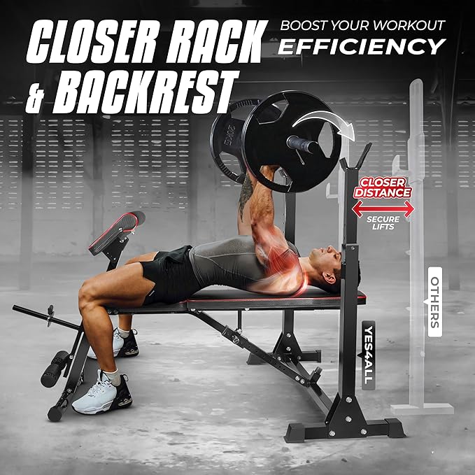 Yes4All Adjustable Weight Bench with Rack, 800lbs Workout Bench Press with Leg Extension, Preacher Curl Pad & Resistance Bands for Home Gym