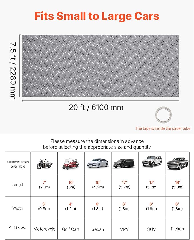 VEVOR Garage Floor Roll, 7.5 x 20 ft Garage Flooring Mat, 2.2 mm Thickened PVC Diamond Plate Floor Protector Mat with Double-Sided Tape, Non-Slip, Easy to Clean for Warehouse, Gyms,Silver Gray