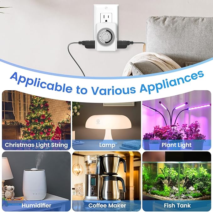 Outlet Timer,Timers for Electrical Outlets Indoor with 3-Prong Dual Outlet,24-Hour 30 Minute Daily On/Off Cycle, Plug-in Mechanical Timers for Christmas Lights, Lamps, Grow Light (4-Pack)