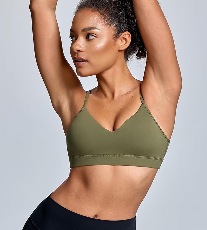 Oalka V Neck Sports Bra for Women Adjustable Padded Thin Straps Wireless Yoga Bras