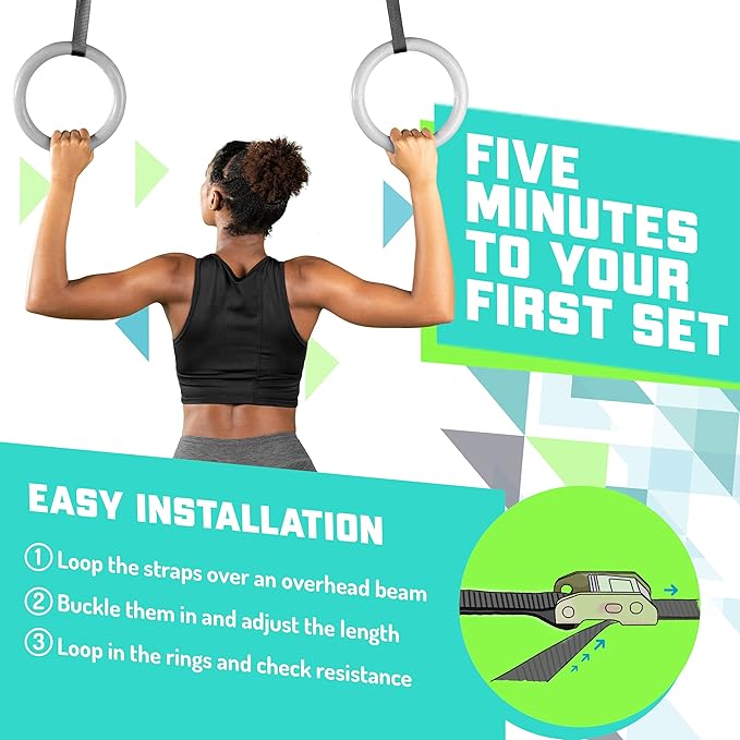 Elite Sportz Gymnastic Rings - Exercise Ring Set for Total Body Strength Training & Pull Ups w/Secure Buckles & Straps - 2 Non Slip Olympic Rings, Indoor Workout Equipment for Kids & Adults