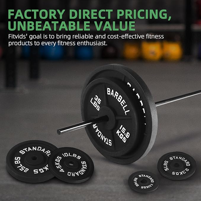 Fitvids 1 Inch Standard Barbell Weight Plates, 2.5 LB to 45 LB Plates for Home Gym Strength Training, Deep Grip Edge