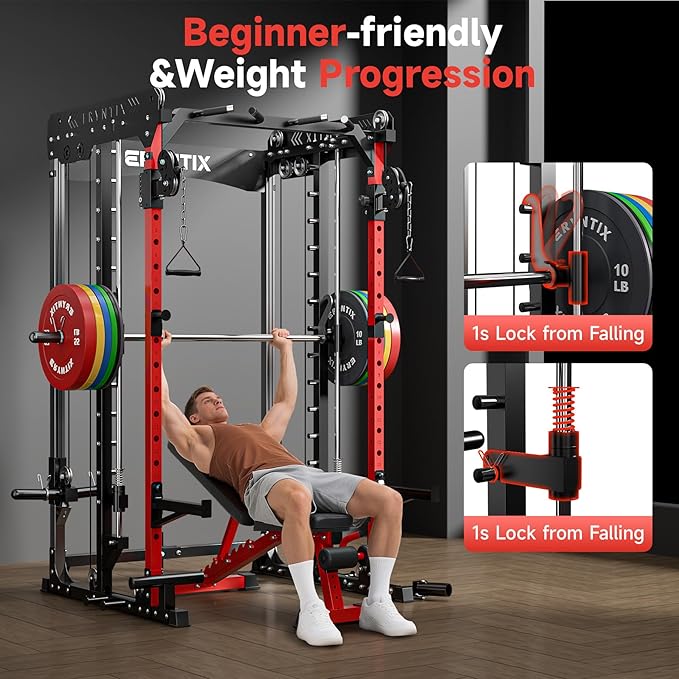 Heavy-Duty Power Cage,2600LBS Smith Machine Power Rack w/Cable Crossover, LAT Pulldown & Leg Press – 18 Attachments Squat Rack for Home Gym Strength Training Garage