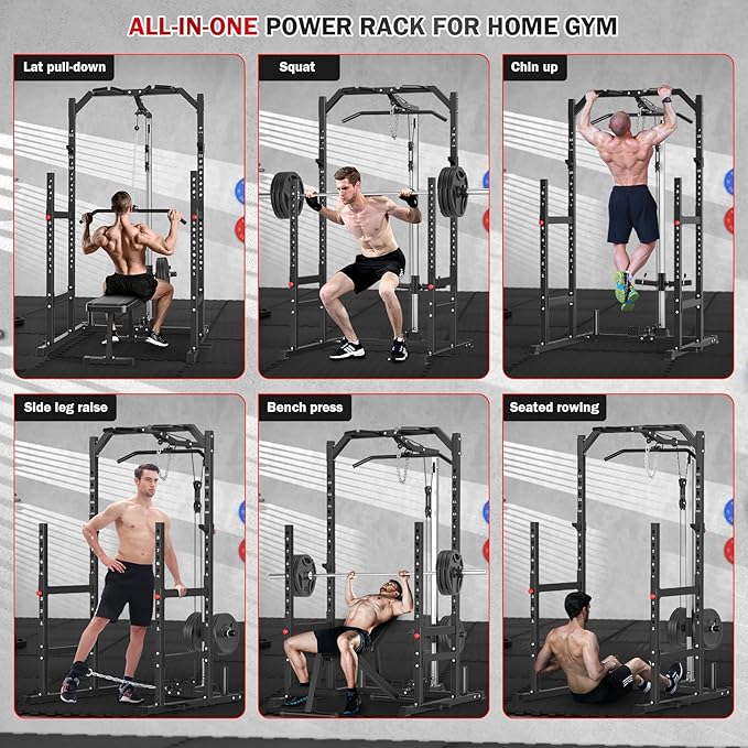 ULTRA FUEGO Power Cage, Multi-Function Power Rack with Pulley System Strength Training for Home Gym, Bench Press Squat LAT Pull-Down Pull-up Rowing, All in One Workout Cage