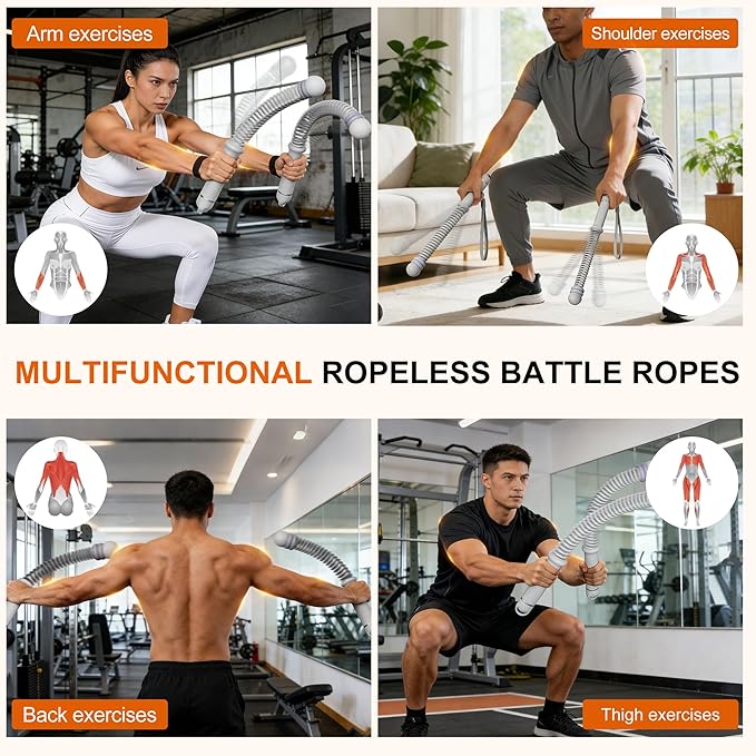 Adjustable Ropeless Battle Ropes, Portable Cordless Battle Ropes for Home Gym, Workout Equipment Exercise Rope for Low-Impact Workout, Strength & HIIT, for Men & Women (Grey)
